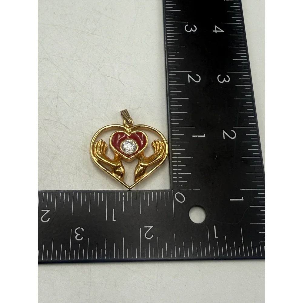 Vintage Gold Tone Heart Hands Pendant Red Enamel Crystal Charm